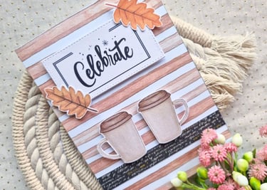Handmade fall greeting card with two cups of coffee and "Celebrate" sentiment. Fall vibe.