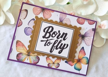 Homemade card with butterflies and "Born to Fly" sentiment.