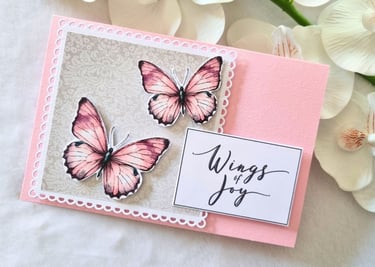 handmade pink greeting card with pink butterflies and Wings of Joy" sentiment