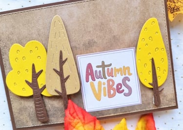 Fall handmade greeting card with trees and "Autumn Vibes" sentiment on it.
