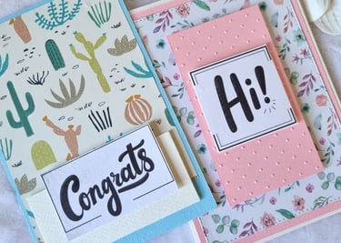 Two handmade cards, cheerful and fun, with "Congrats" and "Hi" sentiments on them.