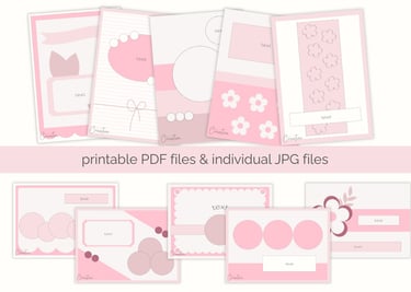 Collage of pink and white card making templates with floral and geometric designs. Includes both cir
