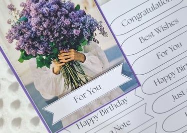 Handmade card with purple flowers and printable sentiments sheet.