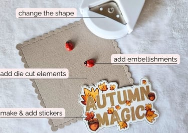 Cut out with pointed instructions: add embellishments, die cut elements, make & add stickers