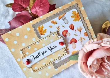 handmade greeting card in autumn colors, fall cutout elements and "Just for you" sentiment.