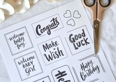 printable sheet with card making sentiments on it and scissors on it
