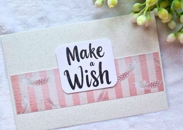 handmade greeting card in cream and pink colors, with "Make a Wish" sentiment on it