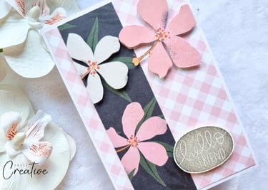 handmade card with white and pink flowers, sentiment "Hello Friend" on it