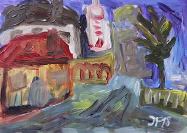 a painting of a street in a village