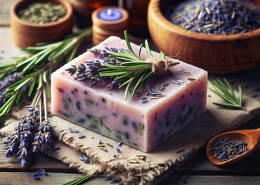 a soap bar with lavender flowers rosemary sprig