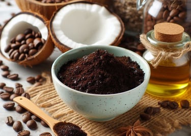 coffee grounds in bowl, with coconut and coffee beans beside it