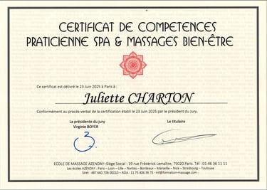 Certificat de compétences Juliette Charton, Juliette Massage praticienne spa & massages bien-être