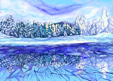 landscape art or painting with ice caped mountain and frozen river made using photoshop