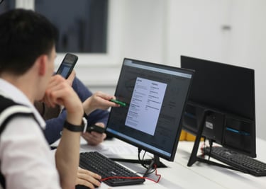 Students analyzing data charts and business analytics on a computer screen in a modern classroom.