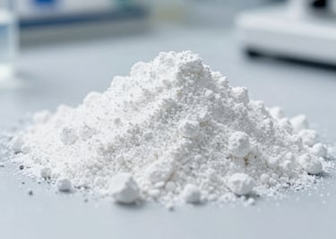 High-detail macro shot of white chemical additive powder, clean industrial laboratory setting, cool daylight, 35mm lens