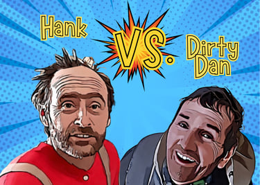 Comic style illustration showing Hank vs. Dirty Dan in a versus battle on a blue pop art background.