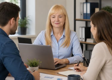 A woman advises clients.