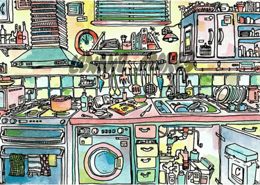 Fun colourful Illustration, watercolour painting drawing, detailed artwork, kitchen art print