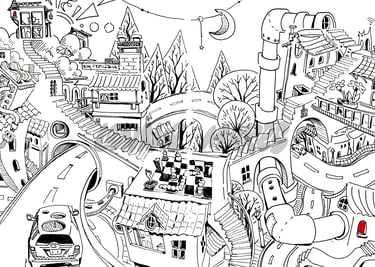 Fun black and white Illustration, fineliner ink drawing, detailed artwork, childrens art print