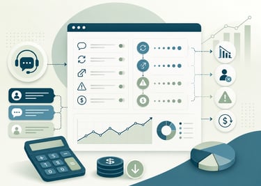 Business dashboard with data analytics, financial charts, a calculator, and customer support icons.