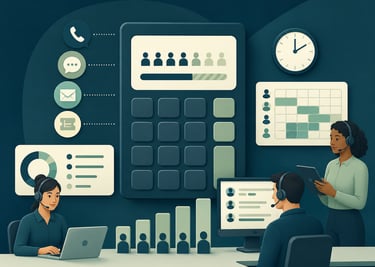 Call center team using workforce management software and data analytics to optimize customer support efficiency.