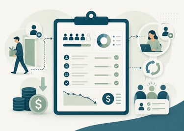 Infographic showing employee turnover and business data analytics on a clipboard.