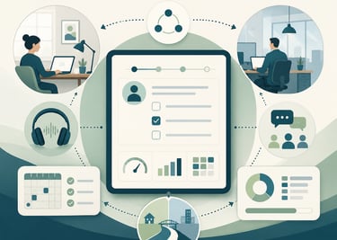 Illustration of a remote work management dashboard showing digital collaboration tools and employee productivity metrics.