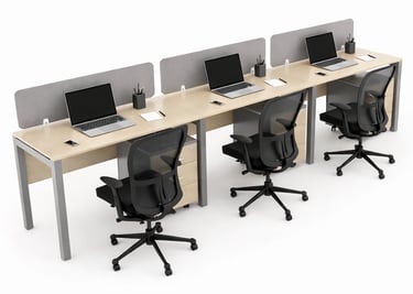 Modern 3-person office workstation with light oak desks, ergonomic mesh chairs, and privacy screens.