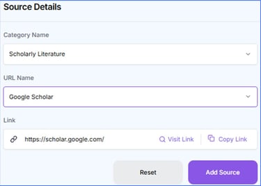 Screenshot of a source details form adding Google Scholar as a scholarly literature link.