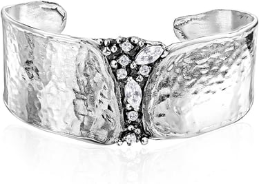 Sterling Silver Cuff Bracelet With White Facet Cubic Zirconia. Unusual Shape