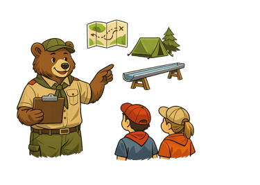 Scout leader guiding a small group with a clipboard and event icons.