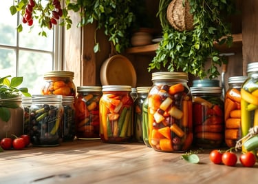 colorful home canned goods in jars by a kitchen window