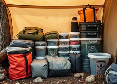 A minimalist camping gear storage setup, featuring lightweight, compact bags and containers.