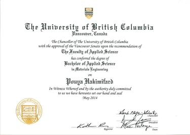 UBC Engineering degree certificate of Pouya Hakimifard, Vancouver luxury real estate expert.
