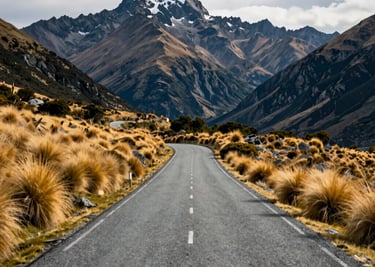 A winding asphalt road leading into the heart of the Southern Alps, with dramatic mountain peaks and golden tussock grass. Oceania / New Zealand.