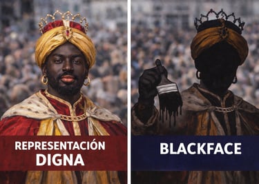un hombre representado el rey mago Baltasar y el otro haciendo blackface no representando
