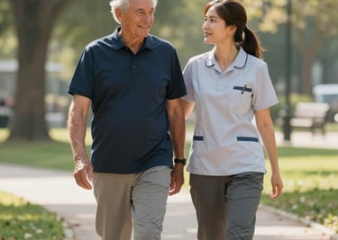 A caring support worker gently helping a participant with morning routine.