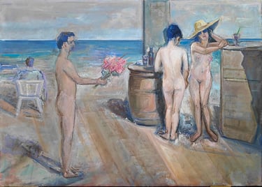Nudistas en la playa, óleo sobre lienzo del artista pintor Argi Girón. Nudists, artist, painter, art