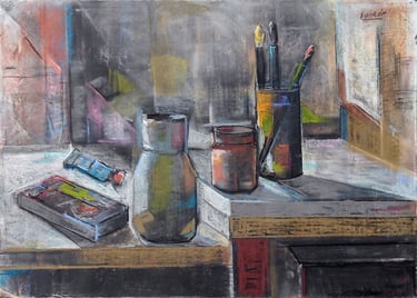 Vasijas y pinceles, pastel del artista pintor Argi Girón. Vessels brushes pastel artist painter