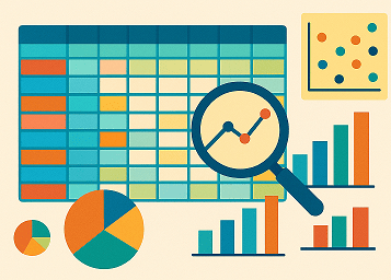 Colorful illustration of statistical tables and charts with a magnifying glass showing data trends.