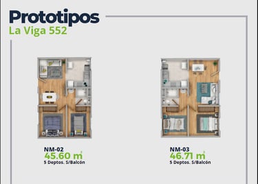 LV52 Características Depto.  Plano con 2 recamaras, sala comedor, baño y cocina. 45 a 46 m2