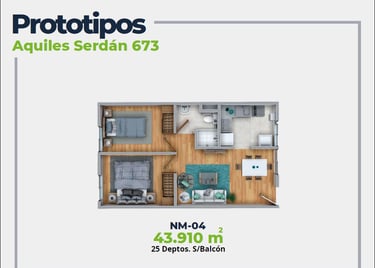 ASER Caracteristicas Departamento. Plano con 2 recamaras, sala comedor, baño y cocina. 43 mts2