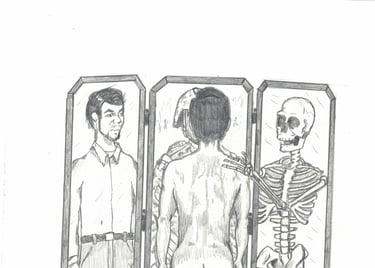 a drawing of a man standing in front of a skeleton