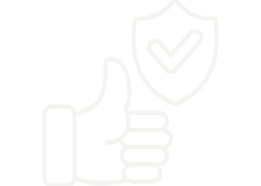 White line icon showing a thumbs up gesture next to a security shield with a checkmark on a black background.