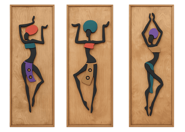 Mid-century modern African dancer wall art triptych featuring colorful cutout figures on wood panels.