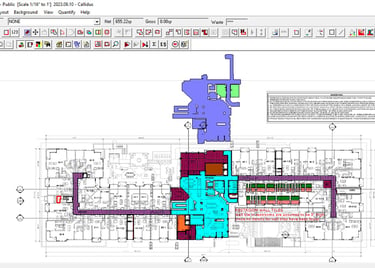 Digital floor plan layout on Callidus software showing color-coded room measurements and takeoff estimations.