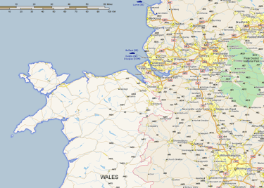 Detailed regional map of North West England and Wales showing major cities like Liverpool and Manchester.