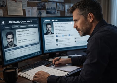 Private investigator conducting a background check on dual monitors with criminal records and profile data.