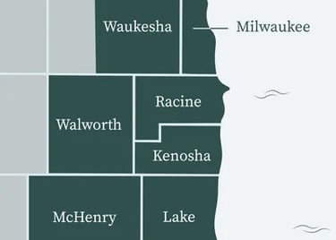 service area map showing Milwaukee, Waukesha, Racine, Kenosha, Walworth, Lake, and McHenry counties – Rise Up Window Covering
