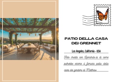 Cartolina del patio dei Grennet a Los Angeles, creato con AI, con un grande tavolo per ospiti